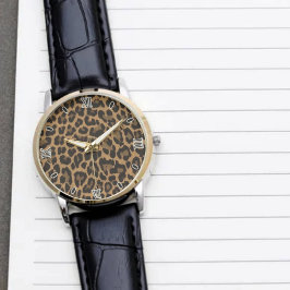Brown Leopard Print Minimalist Analog Roman Numera Armbanduhr