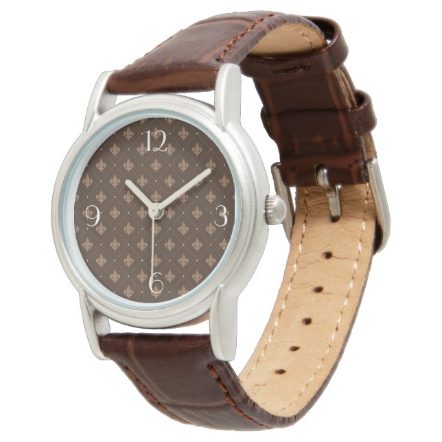 Brown Lilie French Damask Pattern Armbanduhr (Schrägansicht)