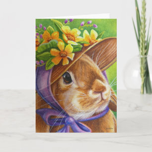 Brown Lop Earred Rabbit in Bonnet Watercolor Art Karte