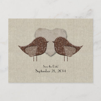 Brown Lovebirds Linen Save the Date aussehen Ankündigungspostkarte