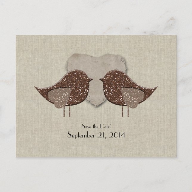 Brown Lovebirds Linen Save the Date aussehen Ankündigungspostkarte (Vorderseite)