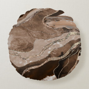 Brown Marble Agate Gold Glitzer Glam #1 Rundes Kissen