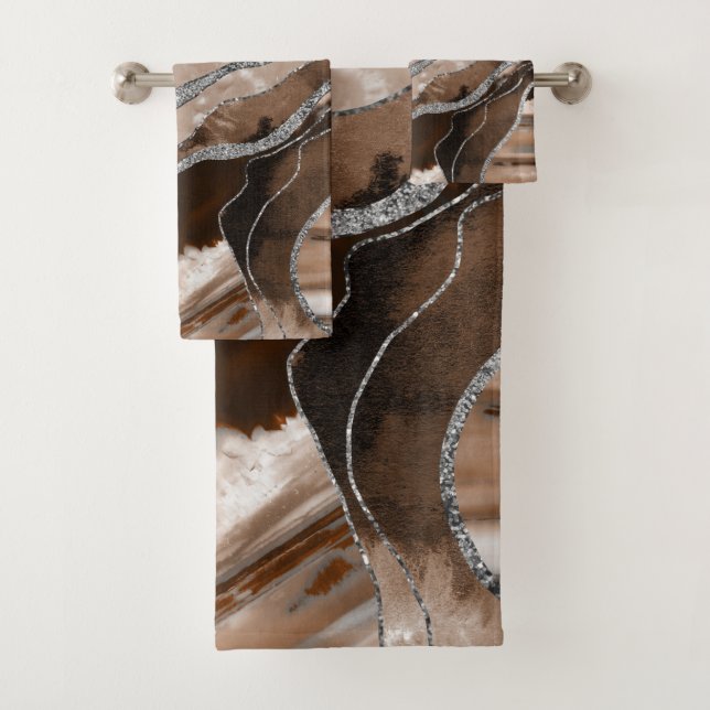 Brown Marble Agate Silver Glitzer Glam #1  Badhandtuch Set (Insitu)