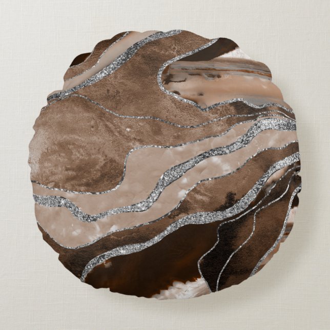 Brown Marble Agate Silver Glitzer Glam #1  Rundes Kissen (Vorderseite)