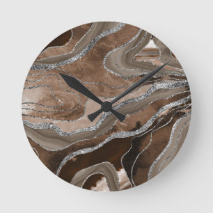 Brown Marble Agate Silver Glitzer Glam #2 Runde Wanduhr
