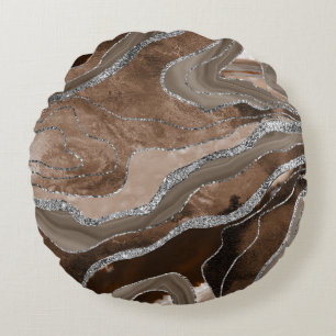 Brown Marble Agate Silver Glitzer Glam #2   Rundes Kissen