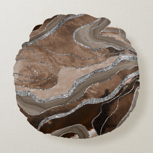 Brown Marble Agate Silver Glitzer Glam #2   Rundes Kissen (Vorderseite)