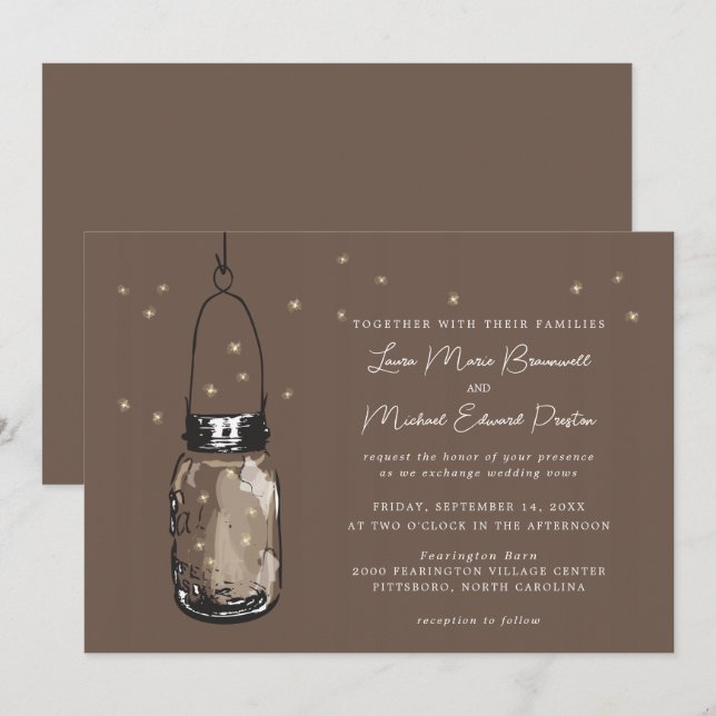 Brown Mason Jar Fireflies Einladung Hochzeit (Vorne/Hinten)