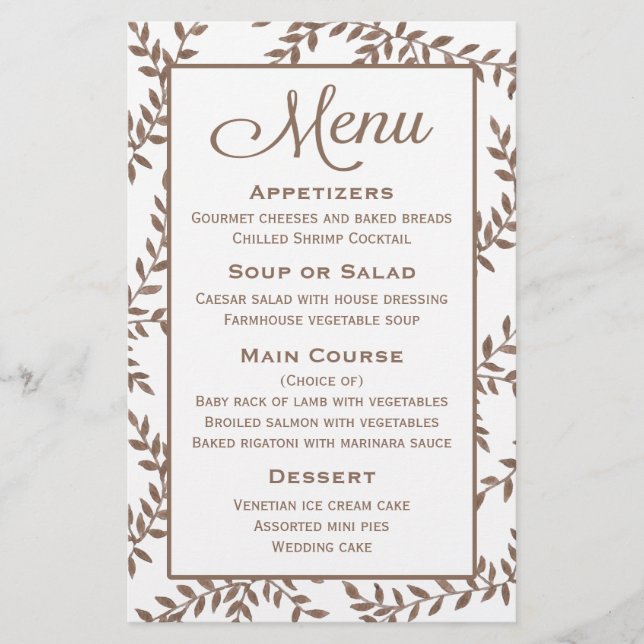 Brown Menu Floral Leaf Wasserfarbe - Hochzeitsfeie (Vorderseite)
