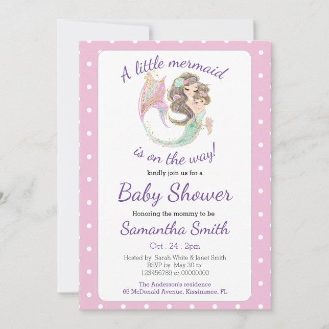 Brown Mermaid Baby Showthema Glitzer Einladung (Vorderseite)