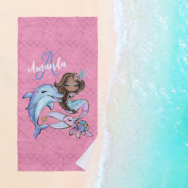 Brown Mermaid Individuelle Name Girl Pink Strandtuch (Brown Mermaid Custom Name Girl Pink Beach Towel
)