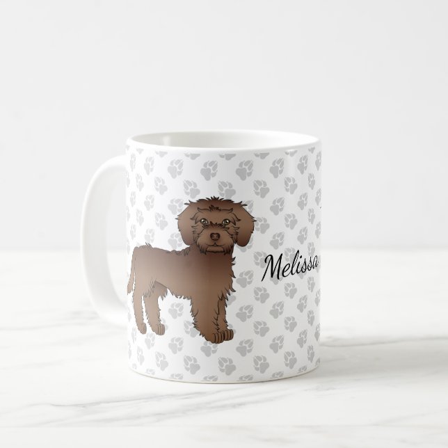 Brown Mini Goldendoodle Cartoon Dog & Name Kaffeetasse (Vorderseite Links)