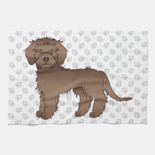 Brown Mini Goldendoodle Niedlich Cartoon Dog & Paw Geschirrtuch (Horizontal)