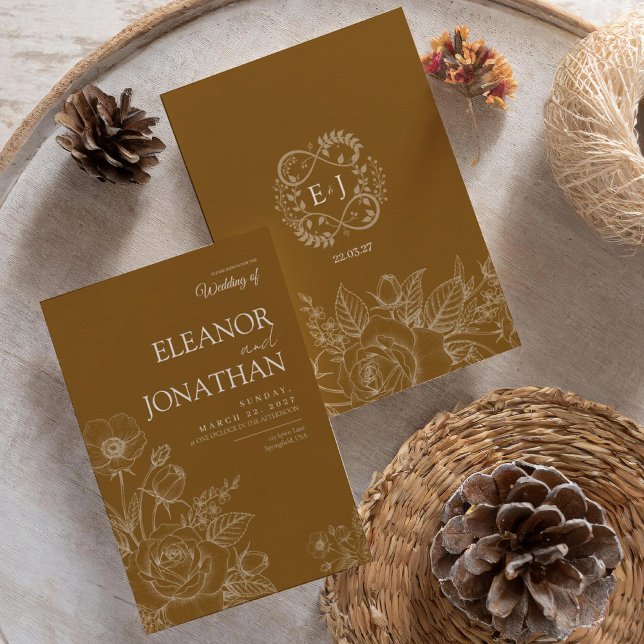 Brown Minimalist Rustic Floral Elegant Wedding  Einladung (Von Creator hochgeladen)