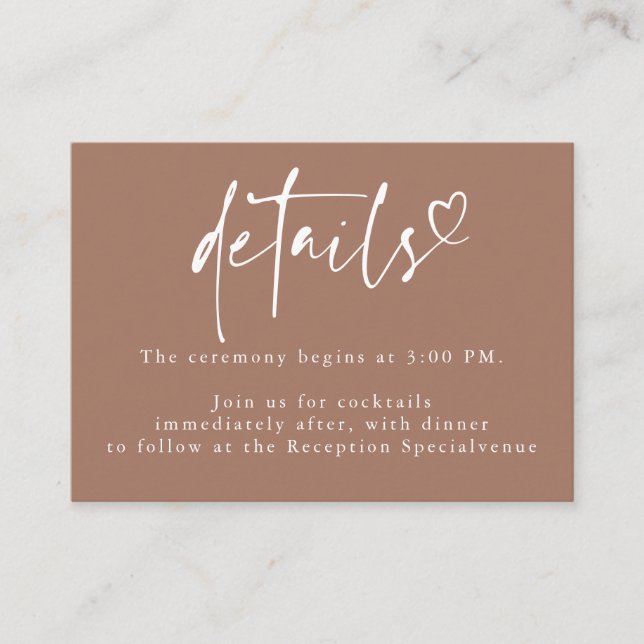 Brown Modern Minimalistisch Heart Wedding Details Begleitkarte (Vorderseite)