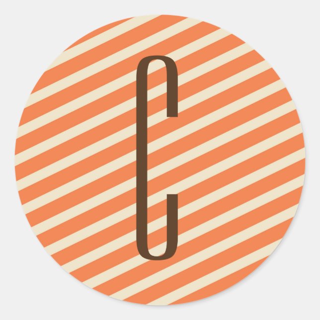 Brown monogram on Retro Orange Diagonal Stripes Runder Aufkleber (Vorderseite)