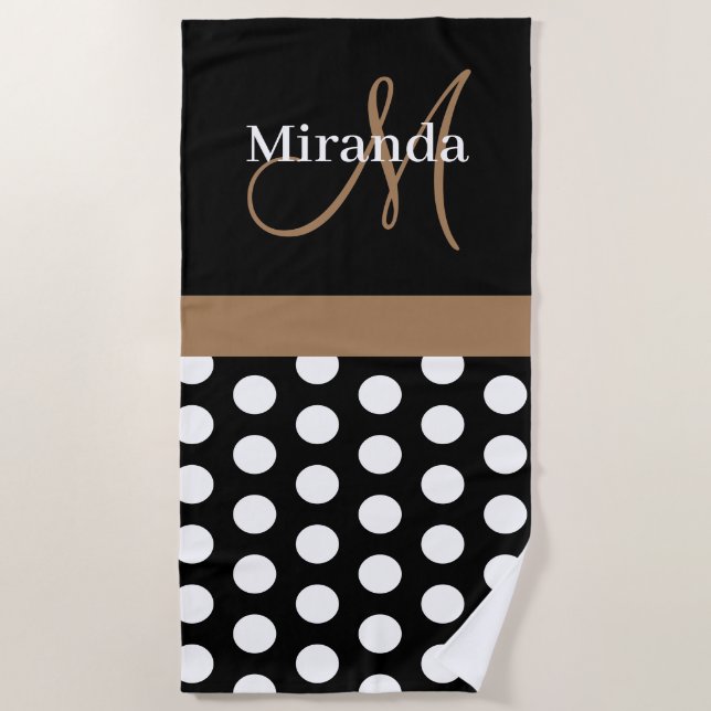 Brown Monogram Schwarz-weiß Polka Dot Beach Handtu Strandtuch (Vorderseite)