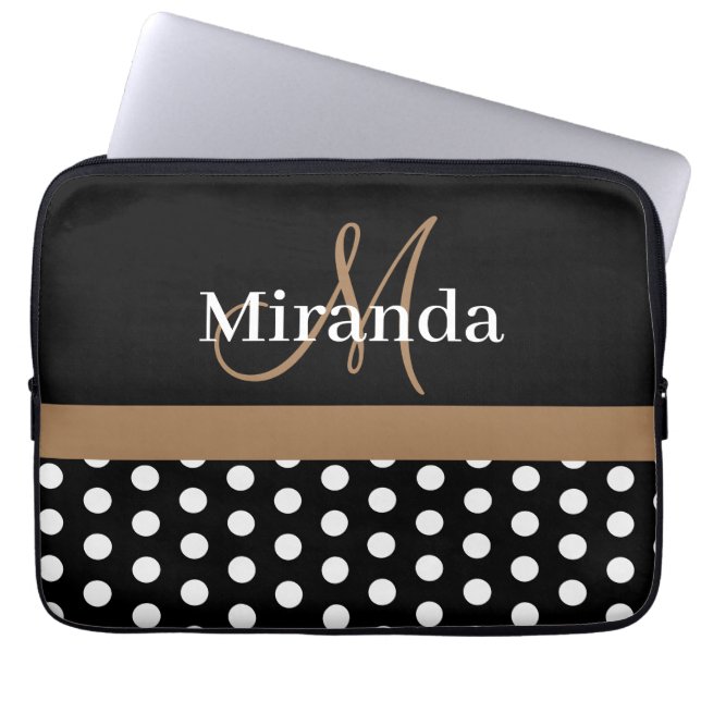 Brown Monogram Schwarz-weiß Polka Dot Laptopschutzhülle (Vorderseite)
