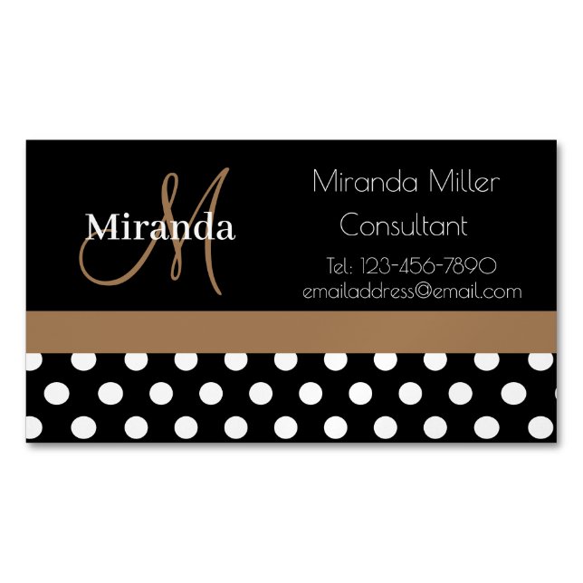 Brown Monogram Schwarz-weiß Polka Dot Magnetische Visitenkarte (Vorderseite)