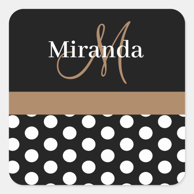 Brown Monogram Schwarz-weiß Polka Dot Quadratischer Aufkleber (Vorderseite)