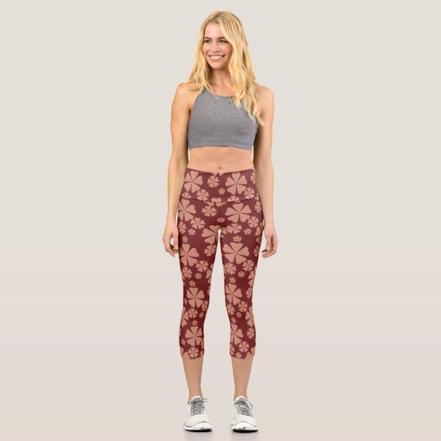 Brown Mute Floral Abstrakt Pattern Capri Leggings (Vorderseite)