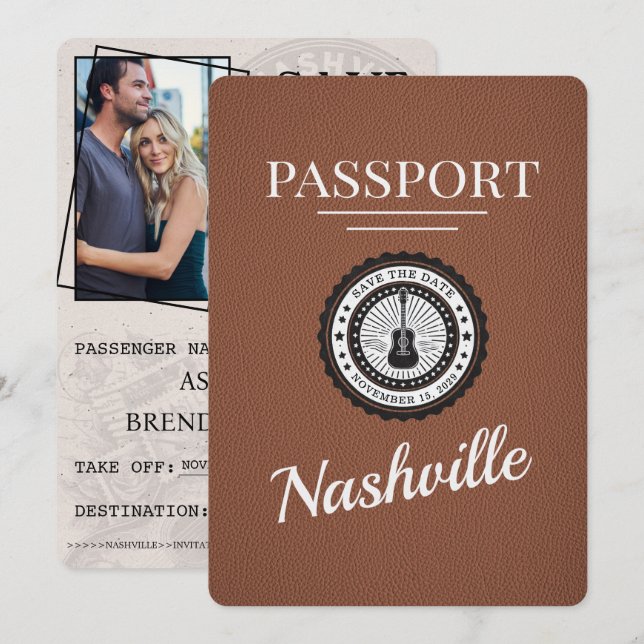 Brown Nashville Passport Save the Date (Vorne/Hinten)