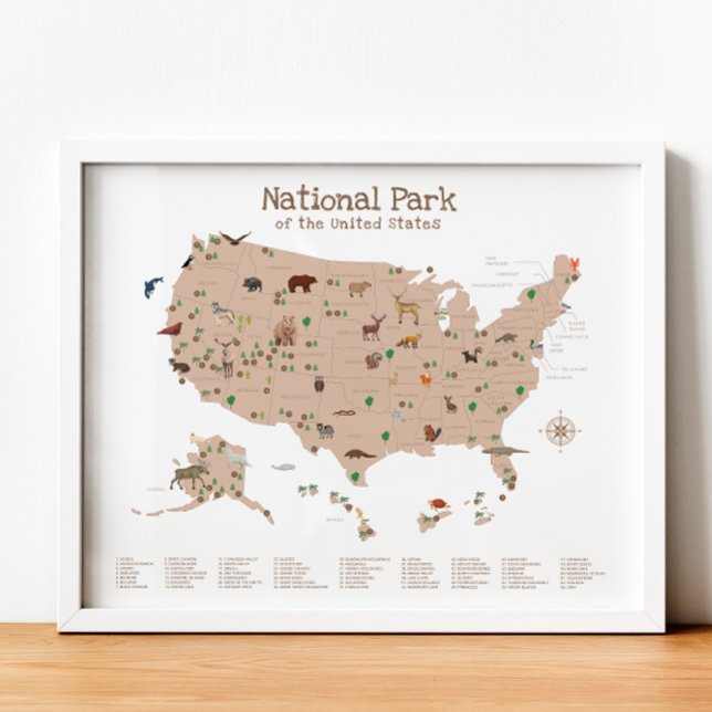 Brown National Park Map Woodland Kinderzimmer Prin Poster (Brown National Park Map Woodland Nursery Print)