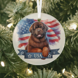 Brown Newfie Patriotic Round Glass Ornament Aus Glas
