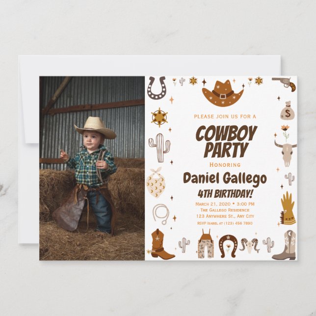 Brown Niedlich Cowboy Foto Geburtstag Einladung (Vorderseite)