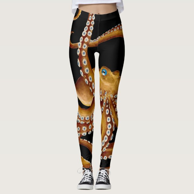 Brown Octopus Blue Eye Black Art Leggings (Vorderseite)
