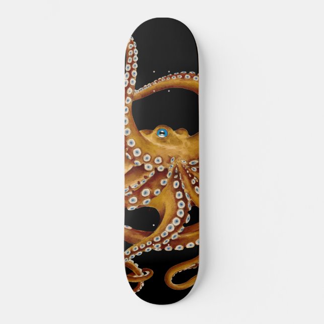 Brown Octopus Blue Eye Black Art Skateboard (Vorderseite)