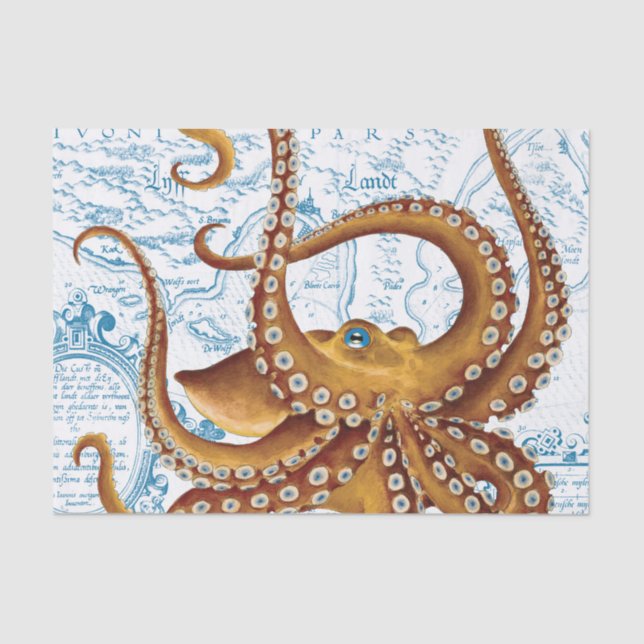 Brown Octopus Blue Vintage Karte Seidenpapier (Vorderseite)