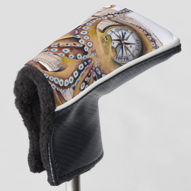 Brown Octopus Vintag Map Compass Golf Headcover (3/4 Vorderseite)