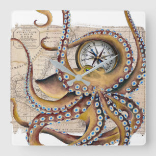 Brown Octopus Vintag Map Compass Quadratische Wanduhr