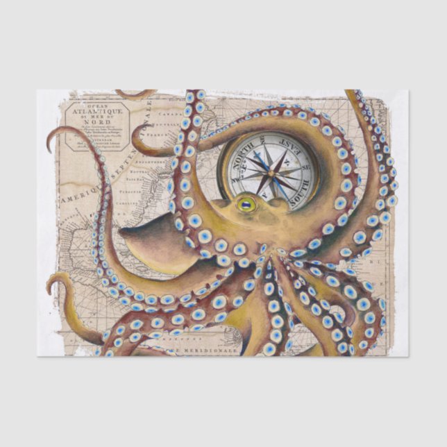 Brown Octopus Vintag Map Compass Seidenpapier (Vorderseite)