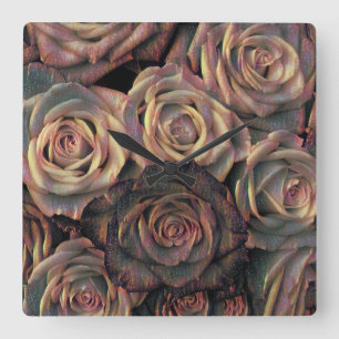 Brown, orange, copper, and gold roses quadratische wanduhr