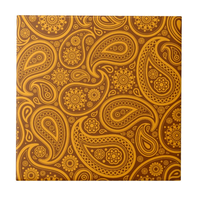 Brown & Orange Vintag Paisley Damask Muster Fliese (Vorderseite)