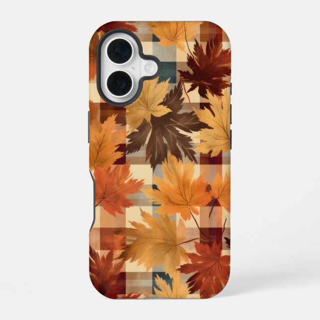 BROWN ORANGE YELLOW FALL KARIERT PATTERN & BLÄTTER iPhone 16 HÜLLE (Rückseite)