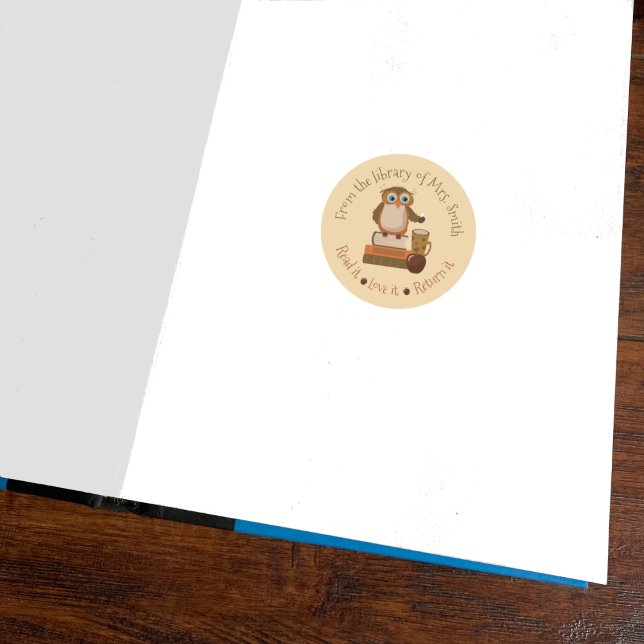 Brown Owl Classroom Library Round Stickers (Cute small round classroom library sticker featuring a brown owl on books .
)