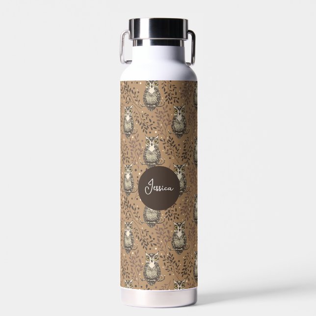 Brown Owl Illustriert Woodland Muster Trinkflasche (Vorne)