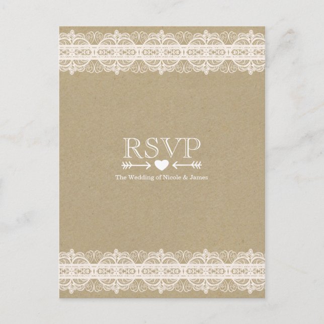 Brown Paper & Lace Natural Rustic Wedding RSVP Einladungspostkarte (Vorderseite)