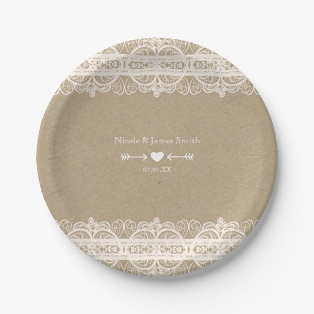 Brown Paper & White Lace Natural Rustic Wedding Pappteller (Vorderseite)