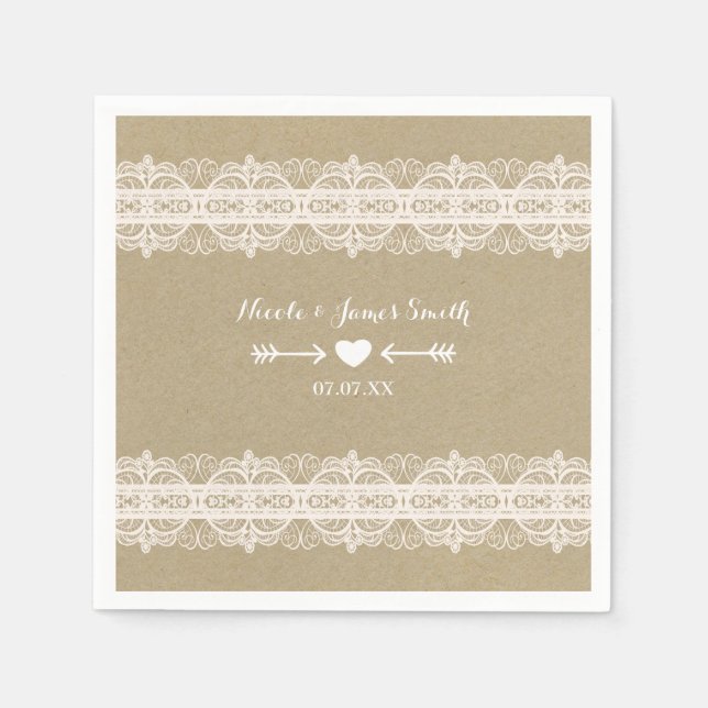 Brown Paper & White Lace Natural Rustic Wedding Serviette (Vorderseite)