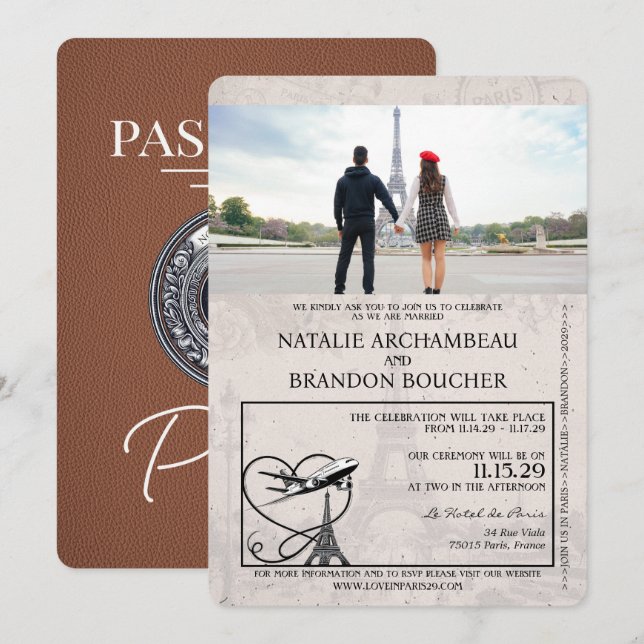 Brown Paris Passport Wedding Einladung (Vorne/Hinten)