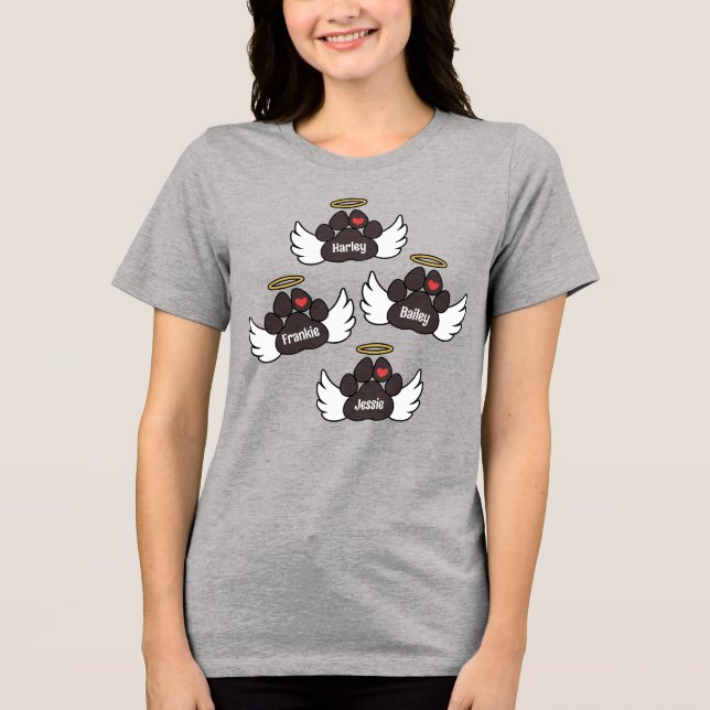 Brown Paws Red Heart Angel Wings 4 Hunde Memorial Tri-Blend Shirt (Vorderseite)