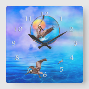 Brown Pelicans SUN KISSED ISLAND Quadratische Wanduhr
