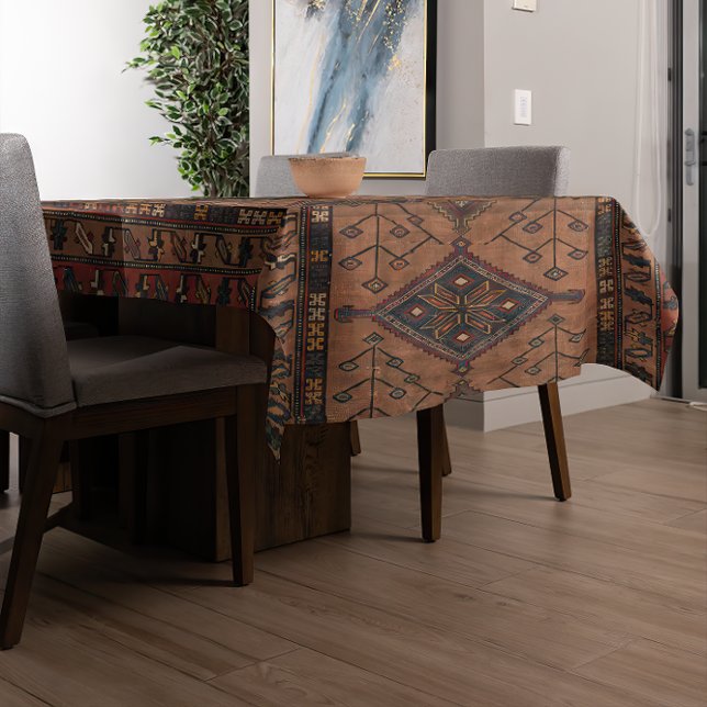 Brown Persian Geometric Shape Rug Pattern Tischdecke (A modern table is covered with an antique brown Persian rug style tablecloth.)