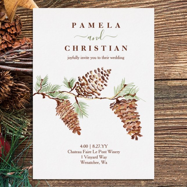 Brown Pinecones, Green Pine Needles Wedding Foil I Folieneinladung (rustic brown pink dusty terracotta winter wedding invitation watercolor pinecones pine needles plant)