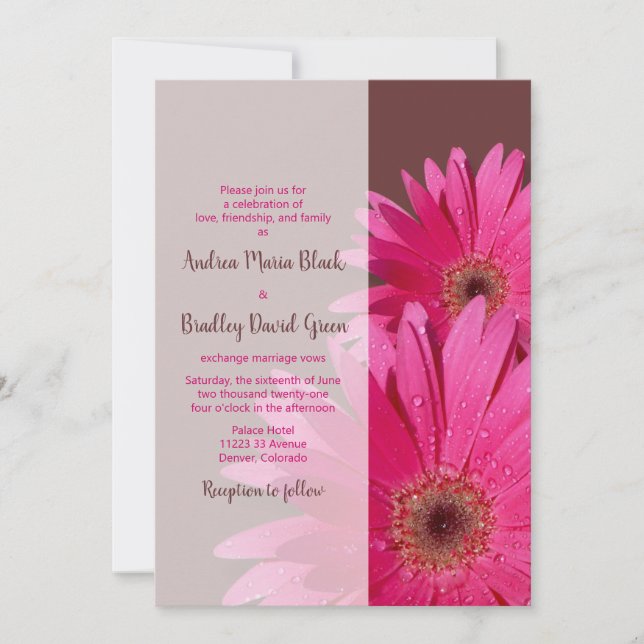 Brown & Pink Gerbera Daisy Wedding Einladung (Vorderseite)