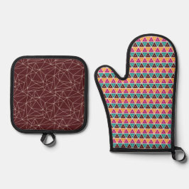 BROWN PINK ORANGE TURQUOISE GEOMETRIC PATTER OFENHANDSCHUH & Topflappen-Set